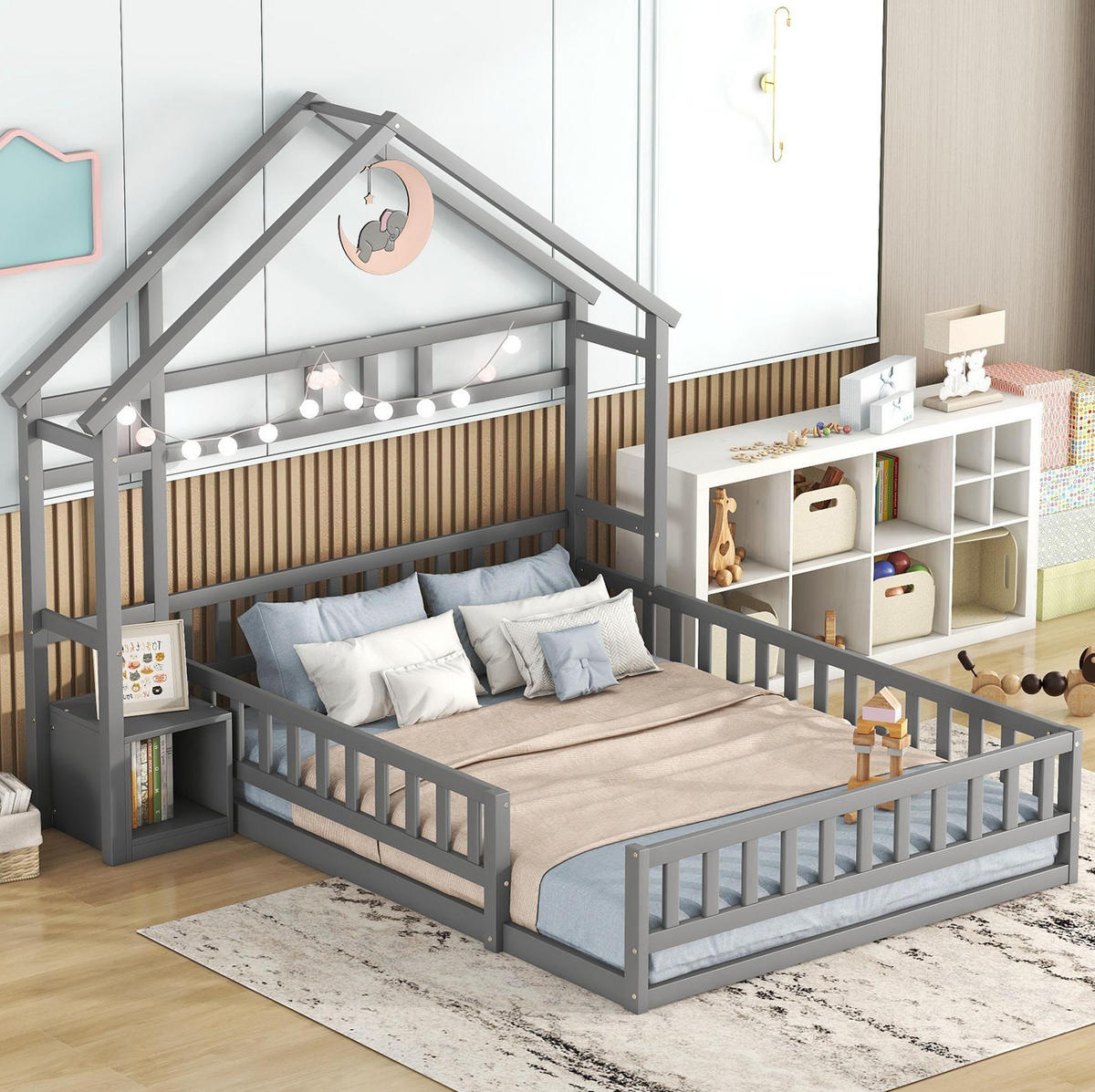 KINDERBETT 140/200 cm im Hausdesign mit Geländer und Nachttisch, Grau - Grau, Holzwerkstoff (140/200cm) - Redom