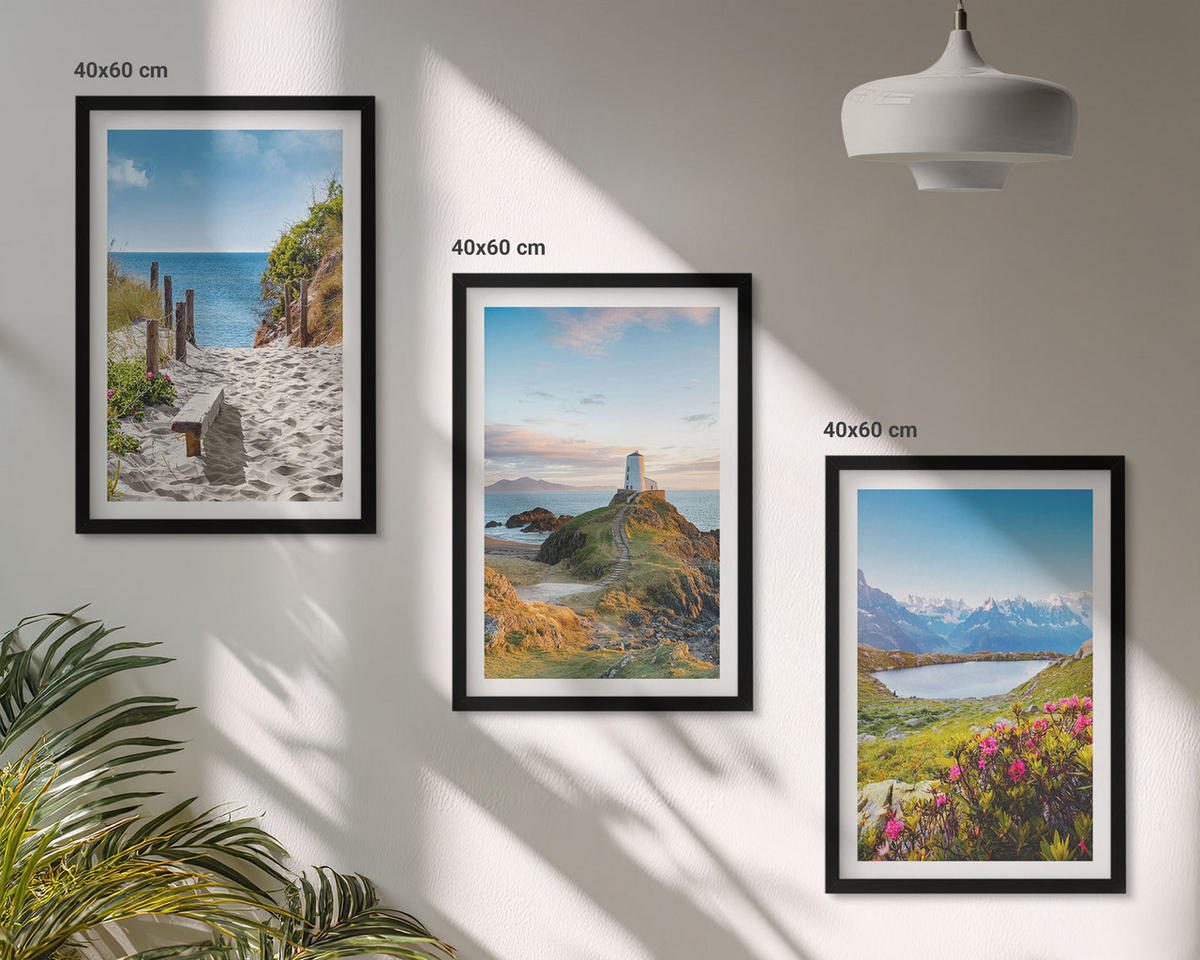 BILDER SET 3er Set - 40x60 cm Schwarzer Rahmen - Strand, Leuchtturm, Berge, Blumen - Schwarz, Kunststoff (40/60cm) - TULUP