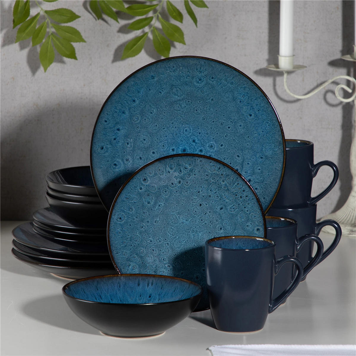 KOMBISERVICE Steinzeug Blau Vintage 16-teilig 4 Personen - Blau, Keramik (27.3/3.3/27.3cm) - Bextcok
