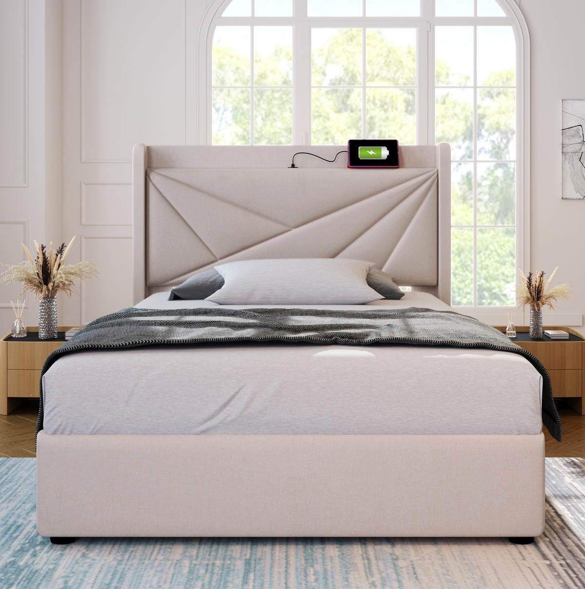 POLSTERBETT 90/200 cm Beige mit Bettkasten, Lattenrost und USB- und Type-C-Anschlüssen - Beige, Textil (90/200cm) - Flora Grace