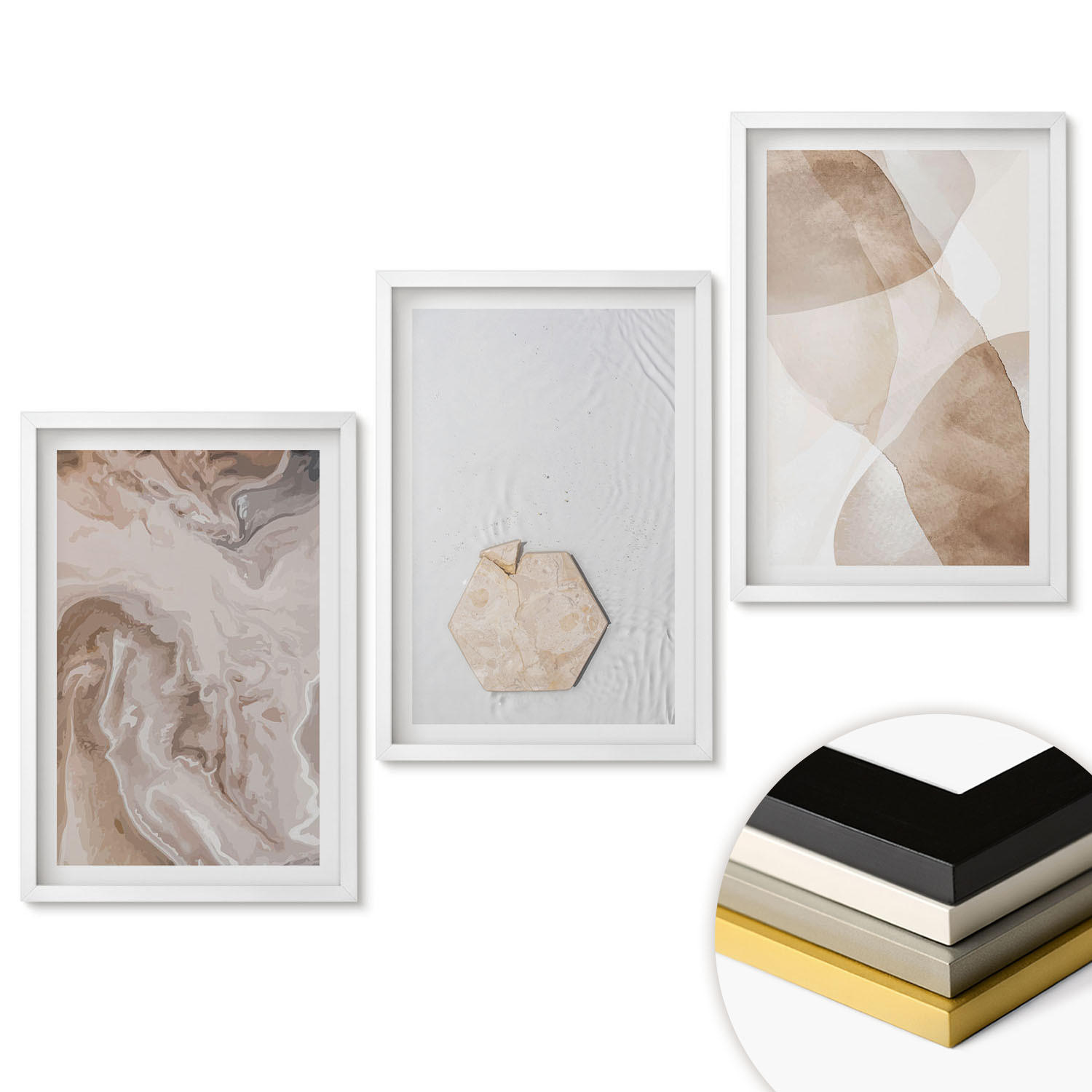 WANDBILDER 3er-Set - 40x60 cm Weißer Rahmen - Designerabstraktion der Natur - Weiß, Kunststoff (40/60cm) - ArtPrintCave