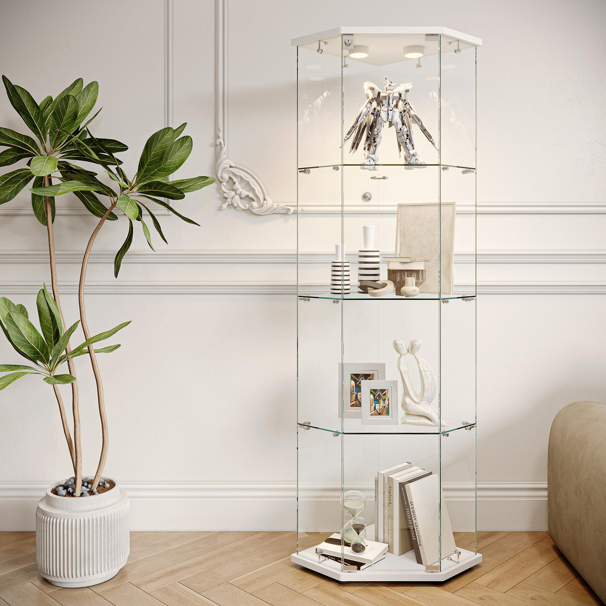 ECKSCHRANK 5-Eck, 1 Tür, 4 Ebenen, LED, weißer Sockel - Weiß, Glas (42.5/162/60cm) - SHOPENTRA
