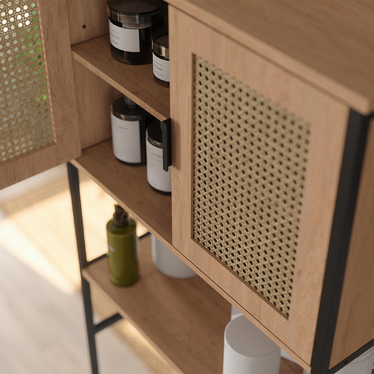 TOILETTENSCHRANK Linara, Eiche/Schwarz, 64 x 180 cm - Eichefarben/Schwarz, Holzwerkstoff (64/180/27cm) - Vicco