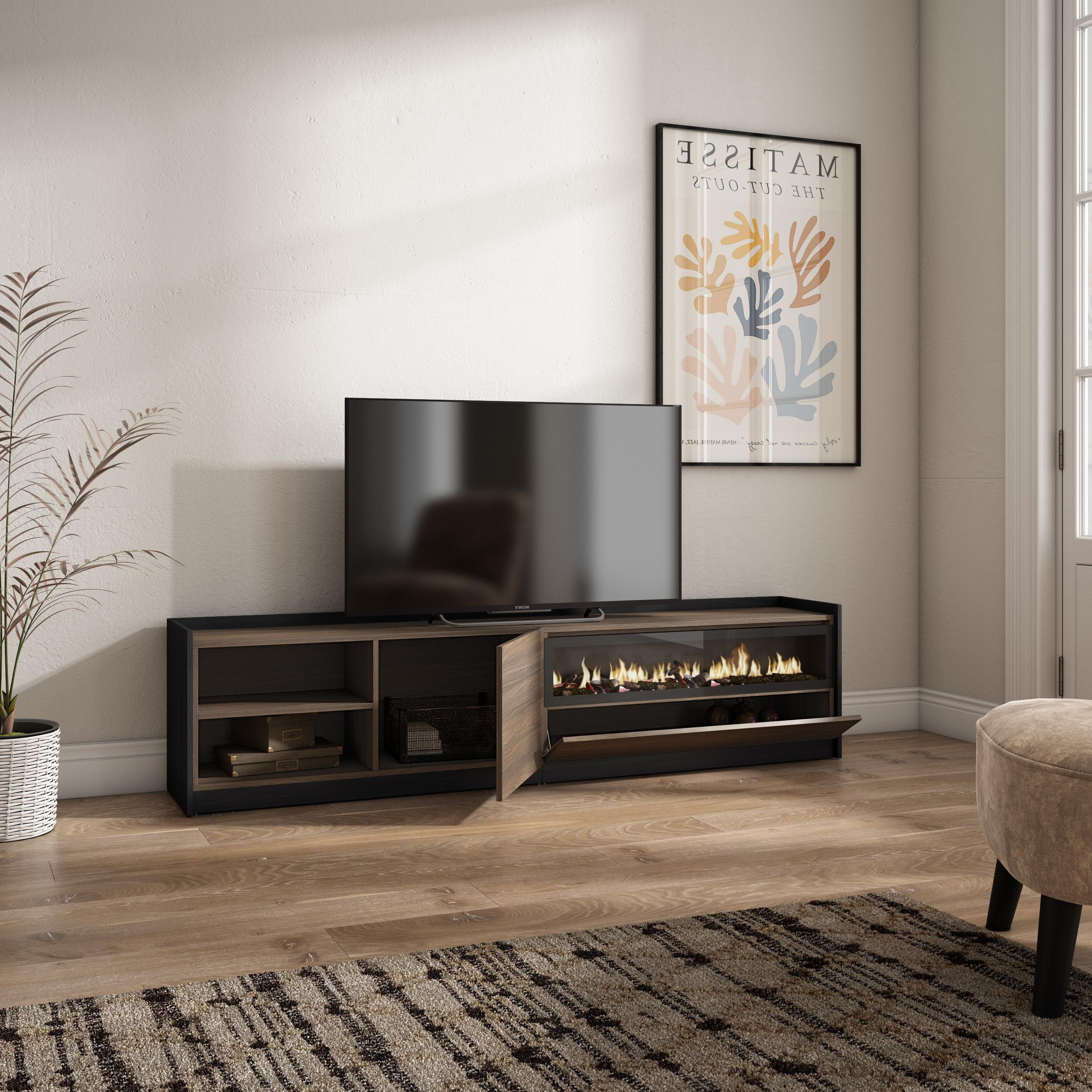 TV-SCHRANK, Dunkler Eiche und Schwarz, Elektrokamin, 207/37/50cm - Dunkelbraun, Holzwerkstoff (207/50/37cm) - Skraut Home