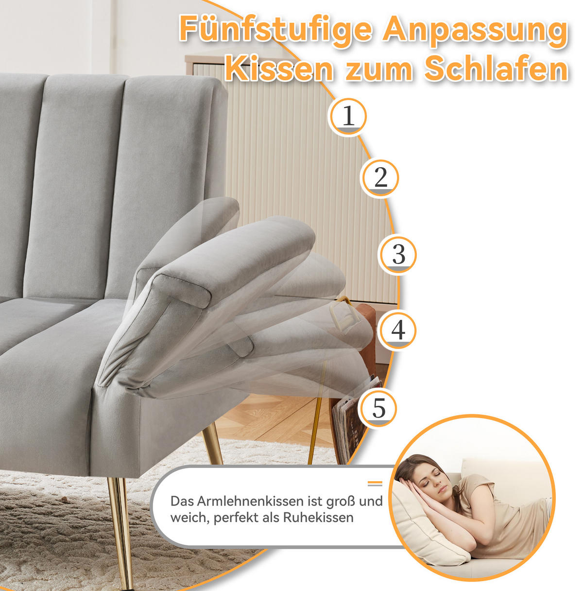 SCHLAFSOFA, Samt mit verstellbarer Rückenlehne & Armlehnen, 183/76/75 cm, Grau - Grau, Textil (76/75/183cm) - Redom