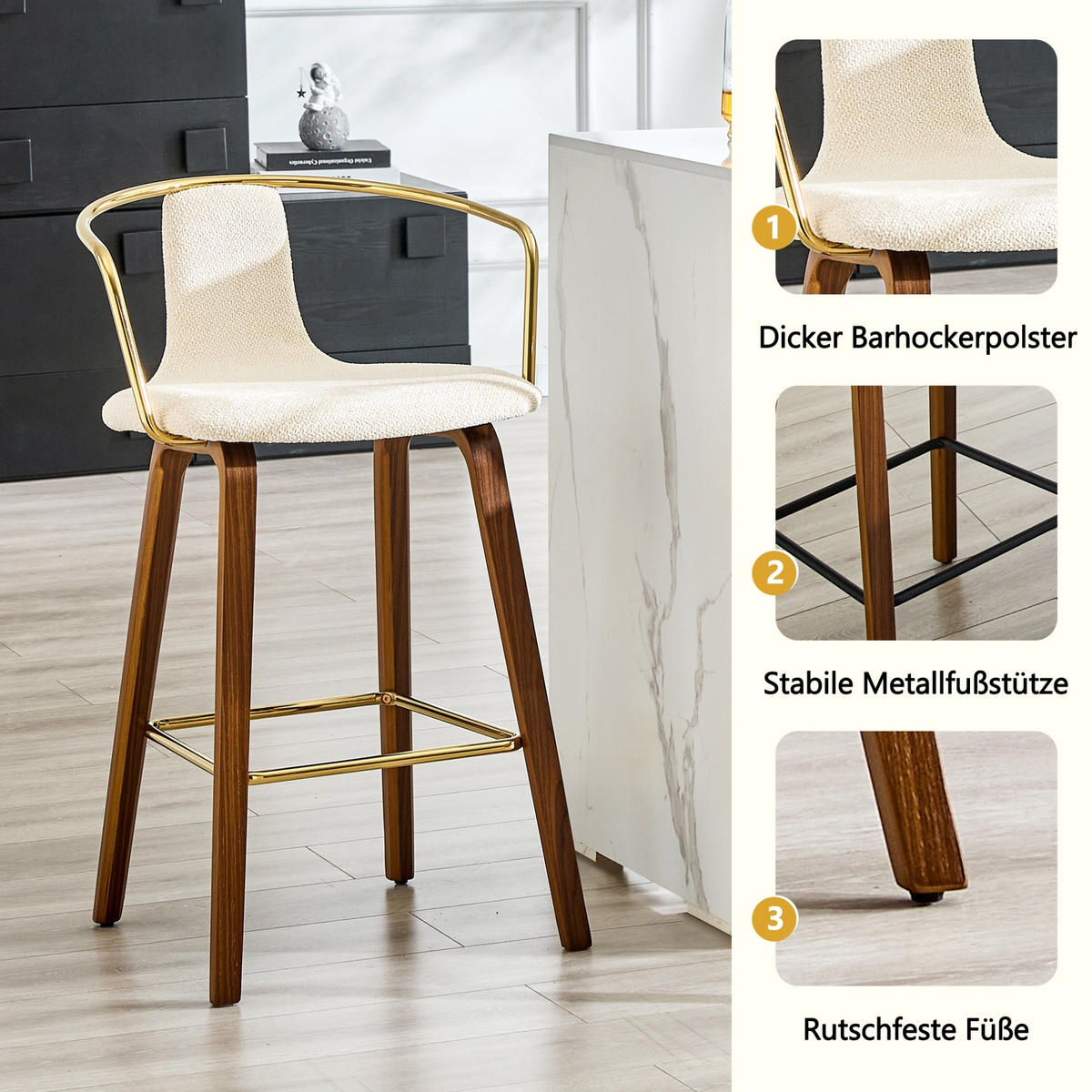 BARHOCKER 2er-Set mit Armlehne, Weiß - Weiß, Holz (44/88/54.7cm) - Meubliv