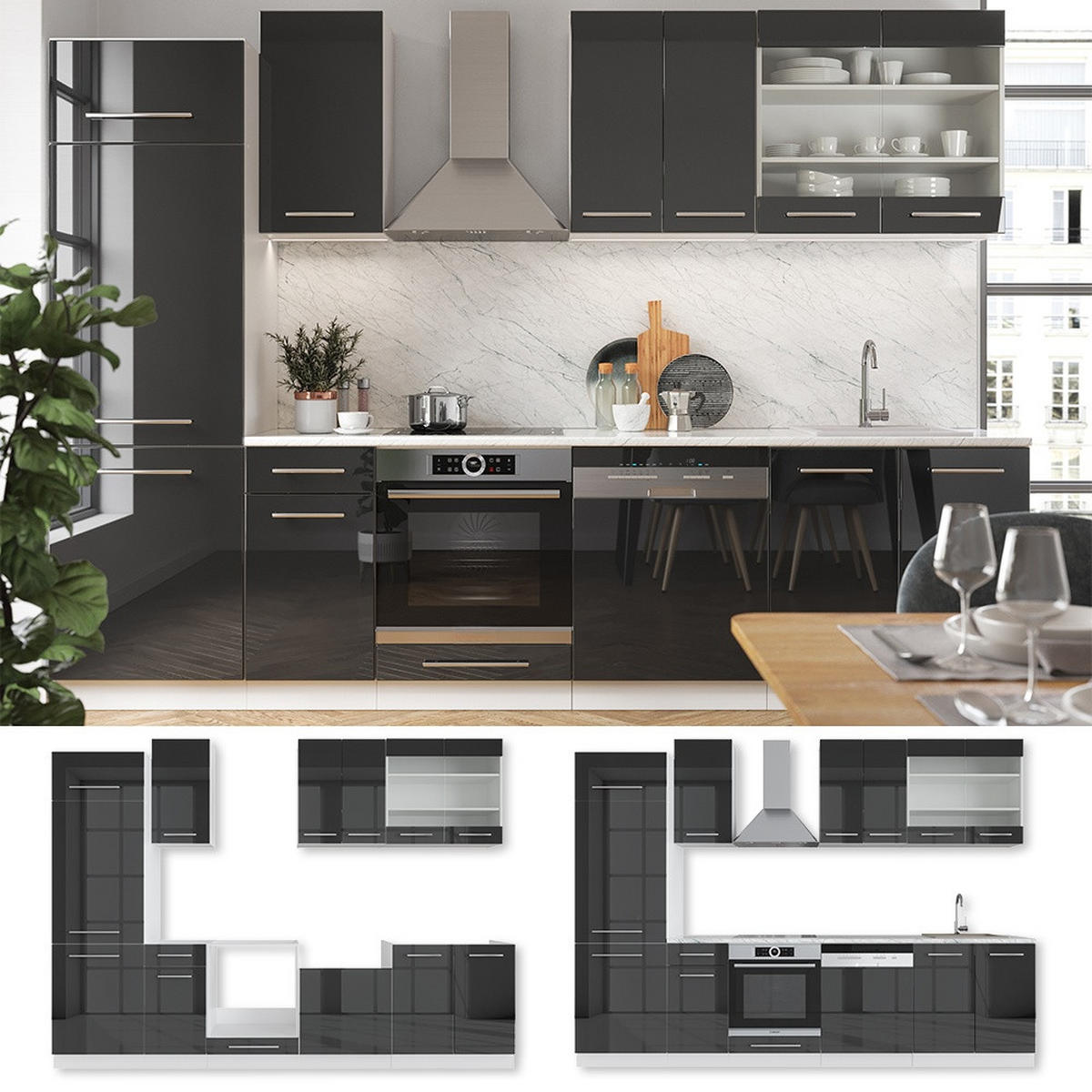 KUCHYNSKÝ KÚT Fame-Line Antracit vysoký lesk/biela 300 cm , AP Marble - biela/čierna s vysokým leskom, kompozitné drevo (300/206.8/60cm) - Vicco