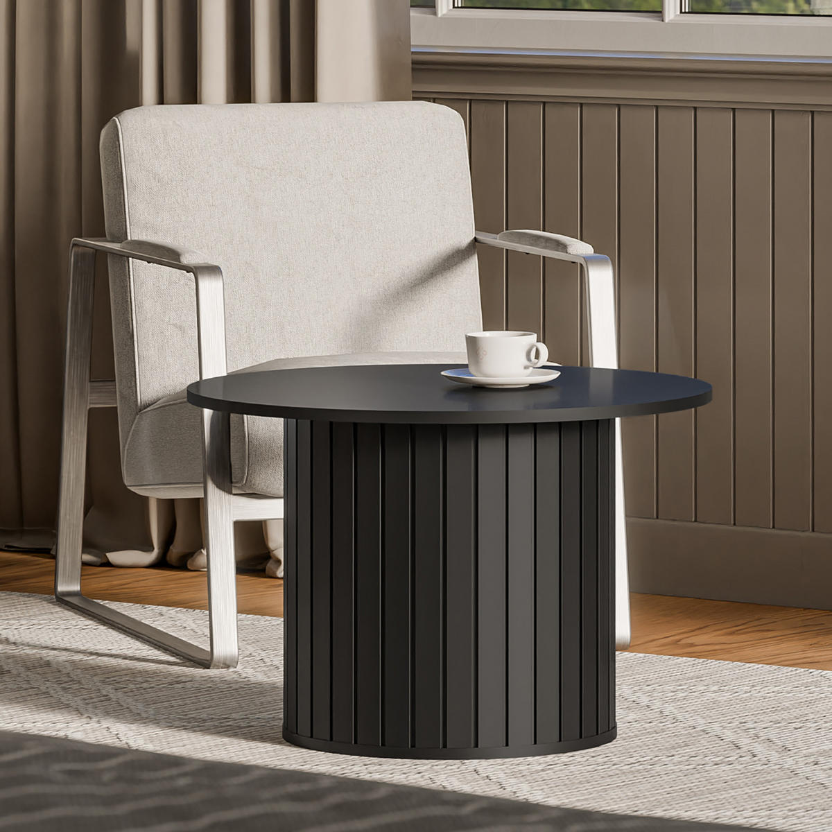 COUCHTISCH Zalia mit geriffeltem Sockel, runde Tischplatte 70 cm, im Retro-Stil, Schwarz - Schwarz, Holzwerkstoff (70/70/47cm) - Beautysofa