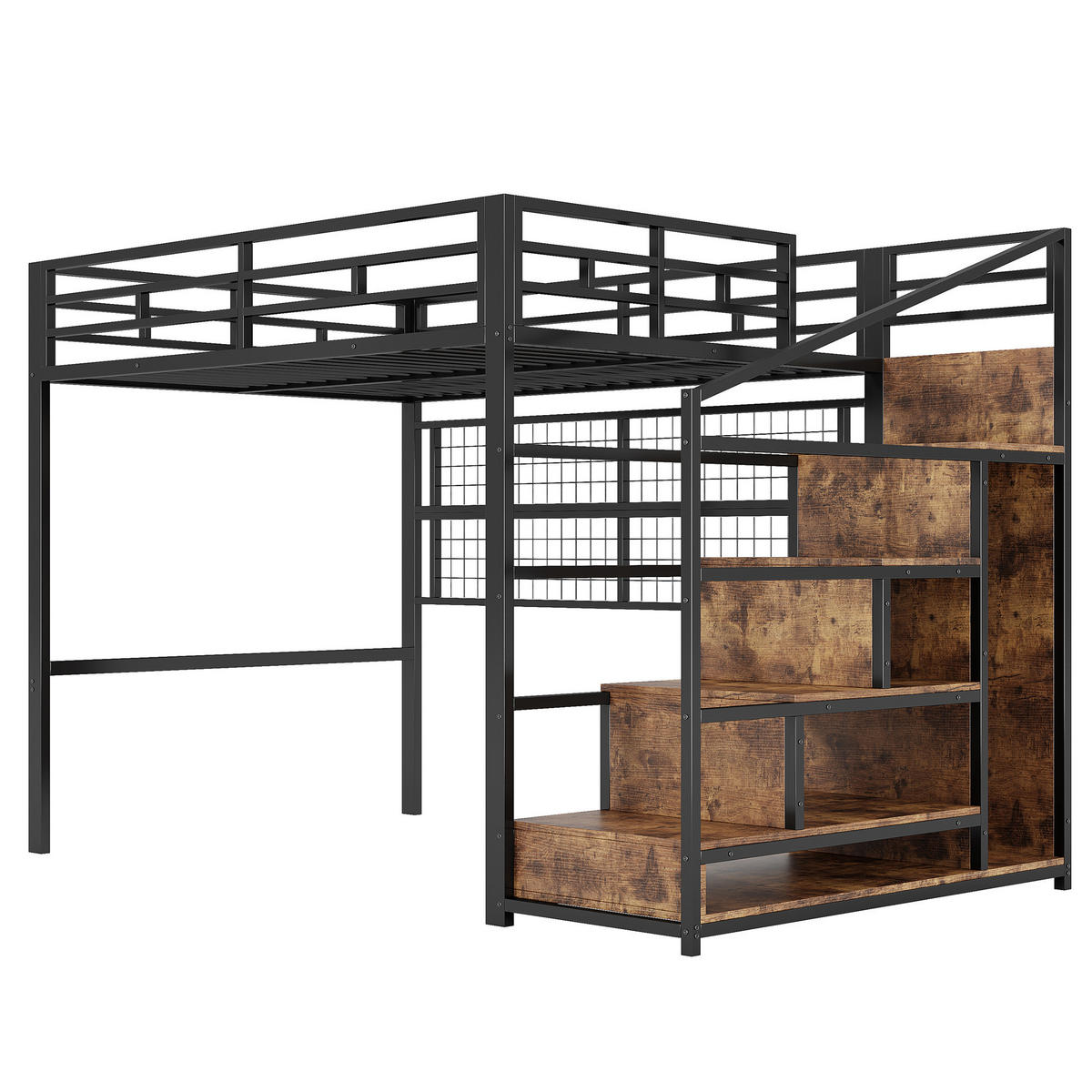 HOCHBETT 140 x 200cm mit Kleiderschrank, Stauraumleiter, 7-farbige LED-Leuchten, ohne Matratze, Schwarz - Schwarz, Metall (140/200cm) - KOMHTOM