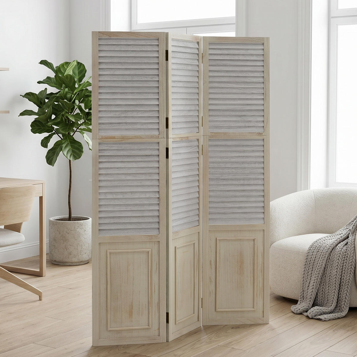 PARAVENT 3-tlg. 120/170 cm Weiß shabby washed - Weiß, Holz (120/170/2cm) - Homestyle4u