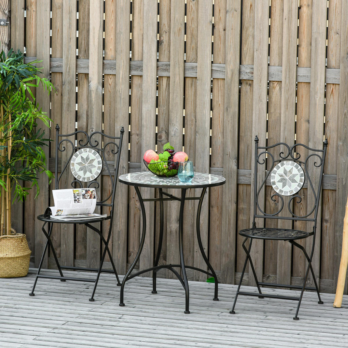 BISTROSET DE-07355 mit Mosaikmuster und klappbaren Stühlen Mehrfarbig - Schwarz/Grau, Keramik/Metall - ComfortXL