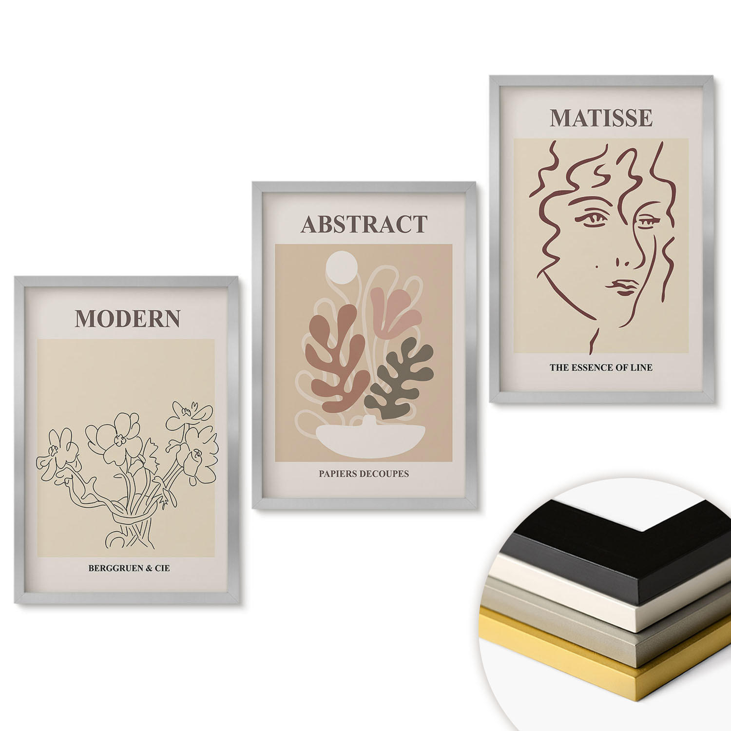 WANDBILDER 3er Set - 40x60 cm Silberner Rahmen - Moderne Pflanzenlinien - Silberfarben, Kunststoff (40/60cm) - ArtPrintCave