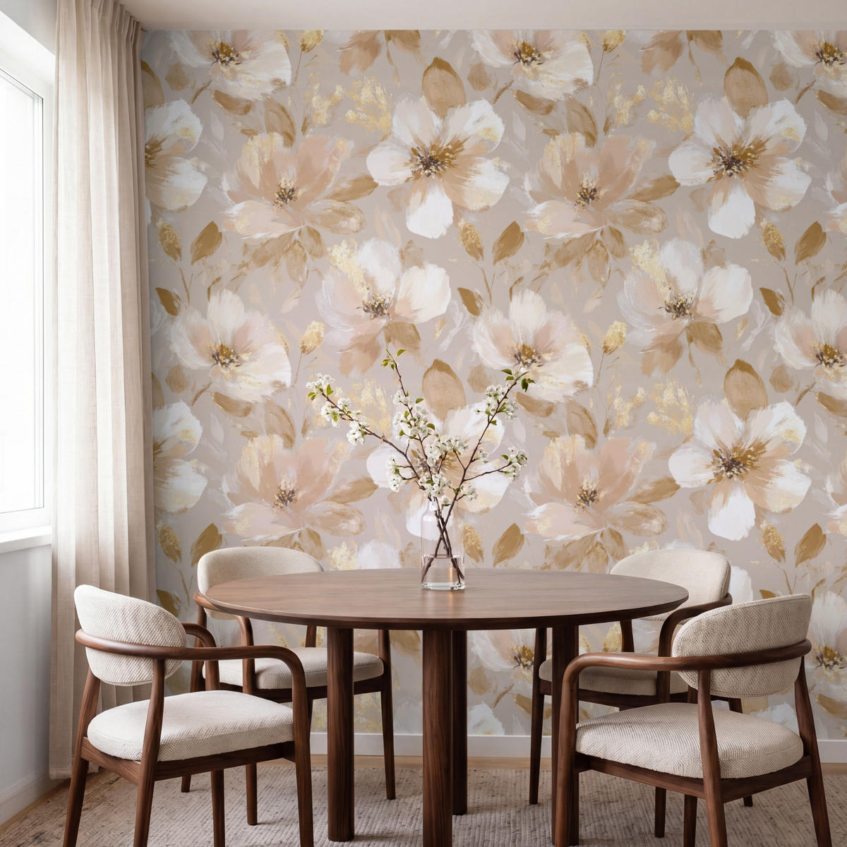 TAPETE - Blumen - künstlerisch - Gold - 220x220 cm - Beige, Papier (220/220cm) - OnlyWow