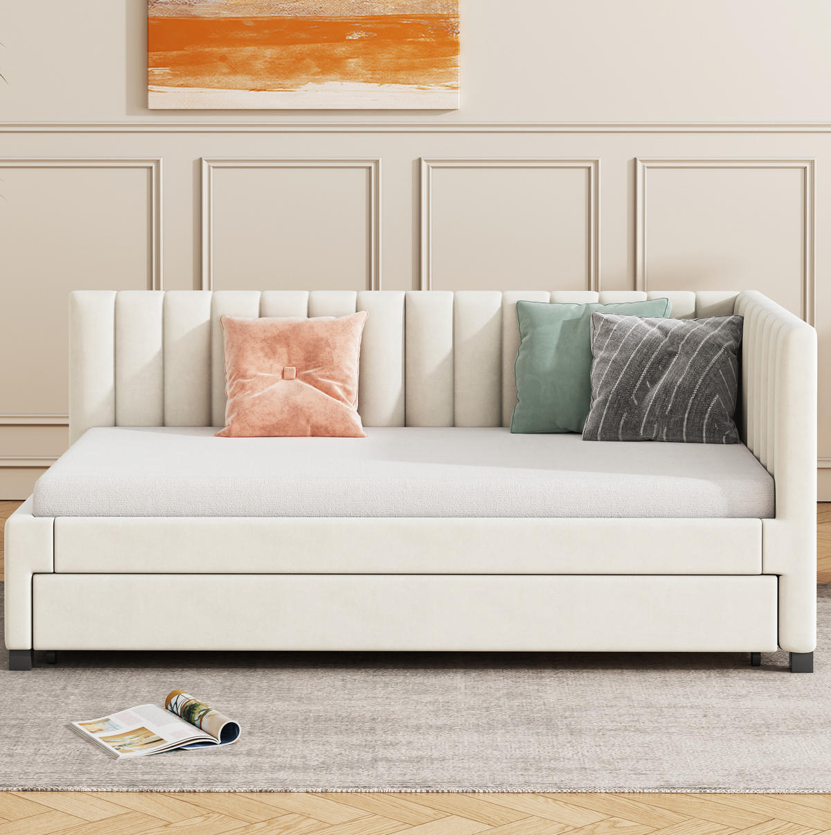 TAGESBETT mit Ausziehbett aus Samtstoff 90x200 cm Beige mit Lattenrost - Beige, Leder (140/200cm) - IVMEU