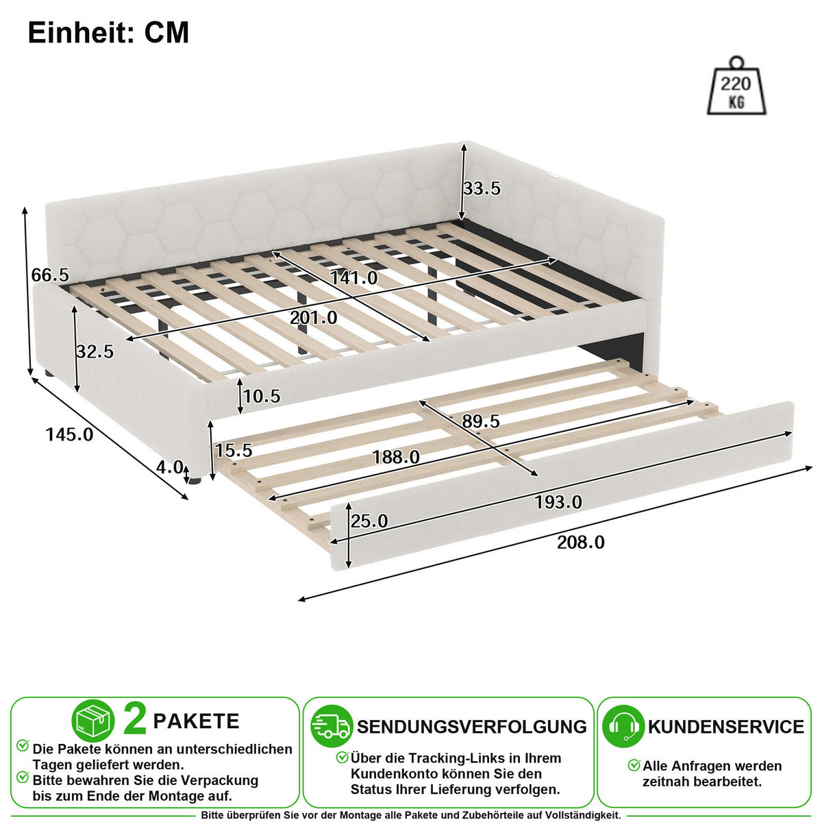 SCHLAFSOFA 140/200 cm & 89,5/188 cm in Weiß mit Ausziehbett, USB, Type-C und Leselampe - Weiß, Holzwerkstoff/Textil (140/200cm) - CHICFURN
