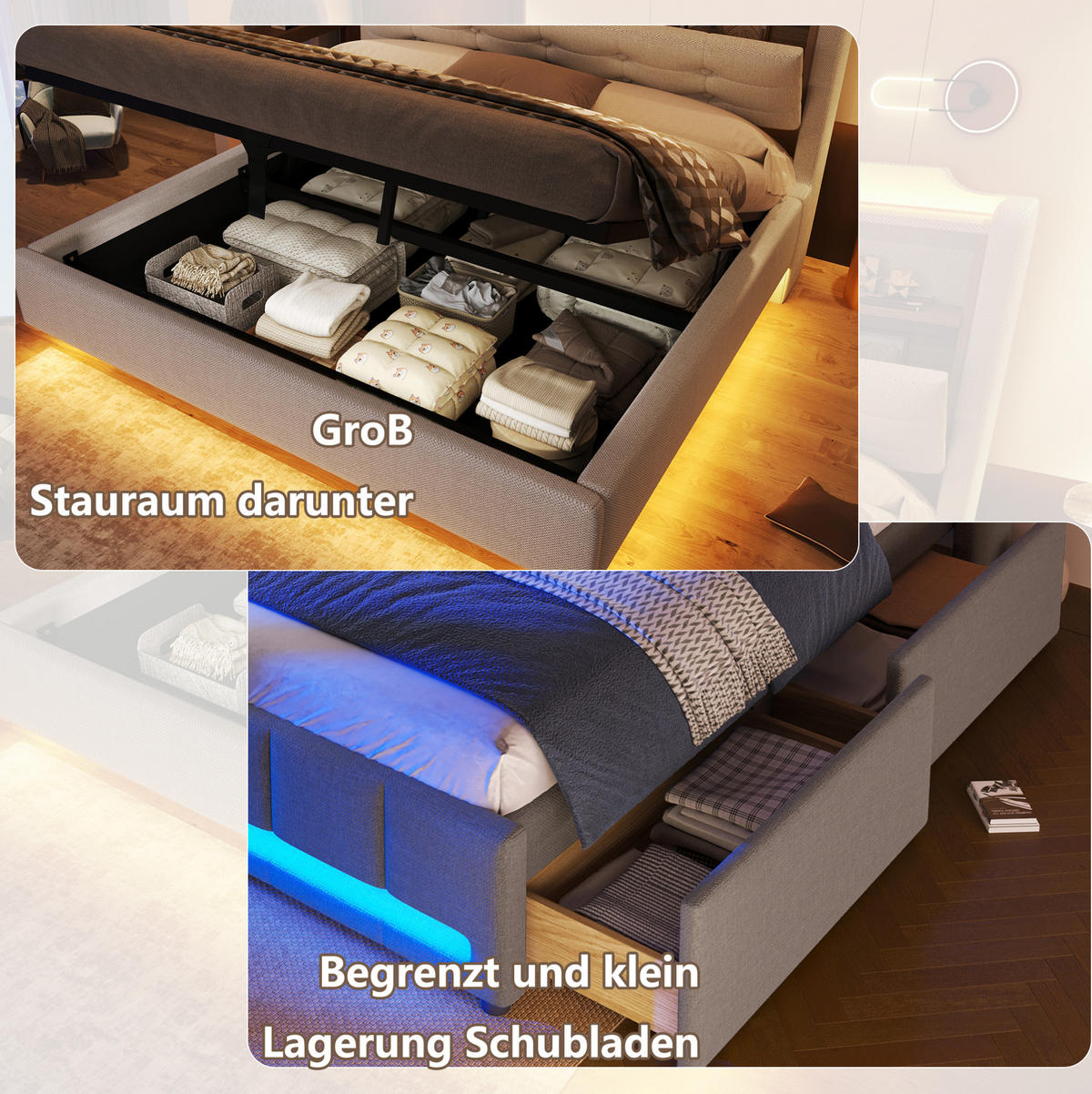 POLSTERBETT 140/200 cm mit LED-Lichtleiste, USB- und Typ-C-Anschlüssen, hydraulischem Stauraum und Staufächern, Beige - Beige, Textil (140/200cm) - Redom