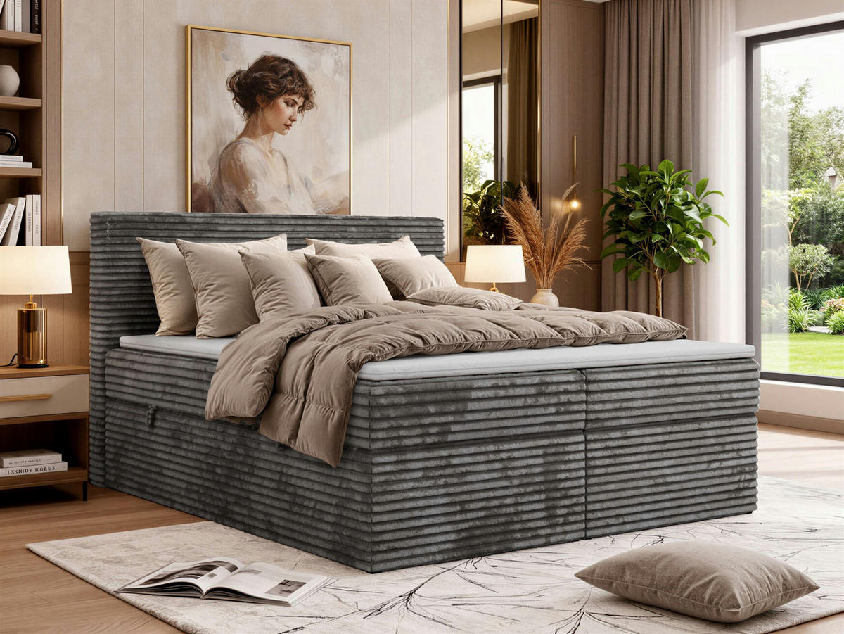 BOXBETT TILION 180/200 - Grau Cord - Topper T25 - H4 - Grau, Textil (180/200cm) - MKS