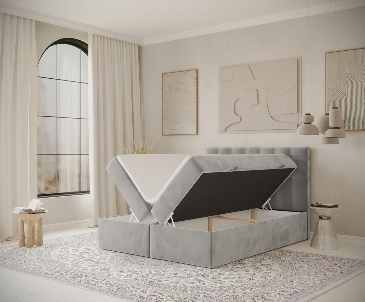 BOXBETT Sansa Grau 120/200 cm mit Taschenmatratze und Topper - Schwarz/Grau, Holz/Holzwerkstoff (120/200cm) - Maison de Reve