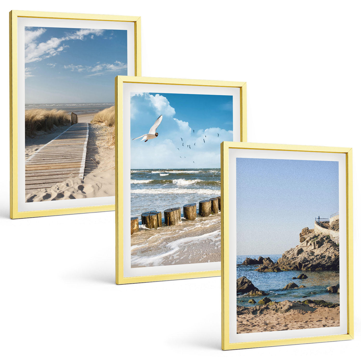BILDER SET 3er Set - 40x60 cm Goldrahmen - Strand Holzsteg Klippen - Goldfarben, Kunststoff (40/60cm) - TULUP