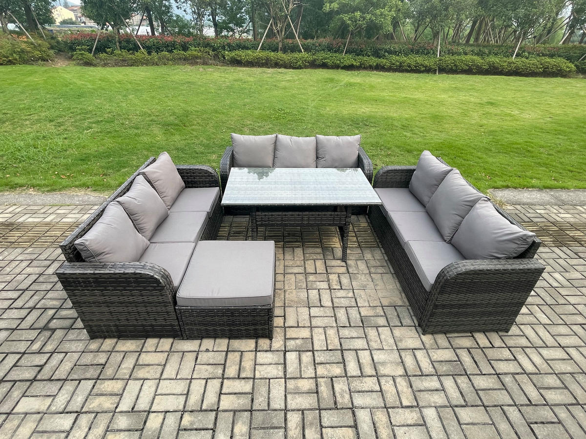 GARTENTISCHGRUPPE mit Beistelltisch,2 Hocker Polyrattan Dunkelgrau 10-Sitzer - Dunkelgrau/Grau, Glas/Kunststoff - Fimous