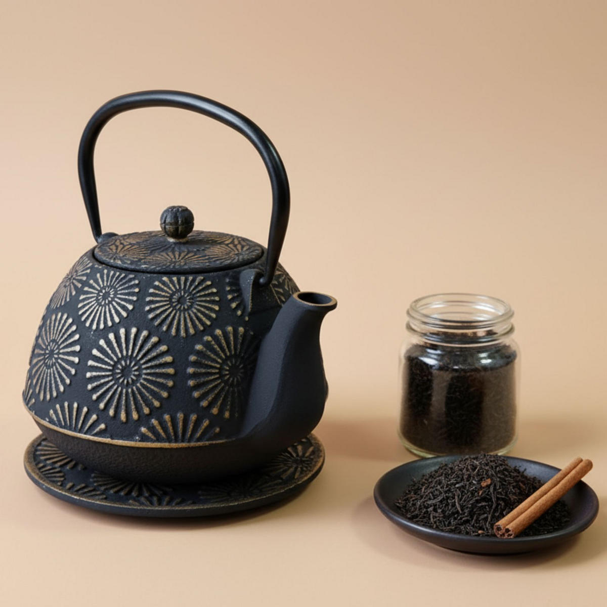 GUSSEISENKANNE Koga 1200 ml mit Tassen und Untersetzer - Schwarz/Weiß, Metall (1.2L) - AROMELIO