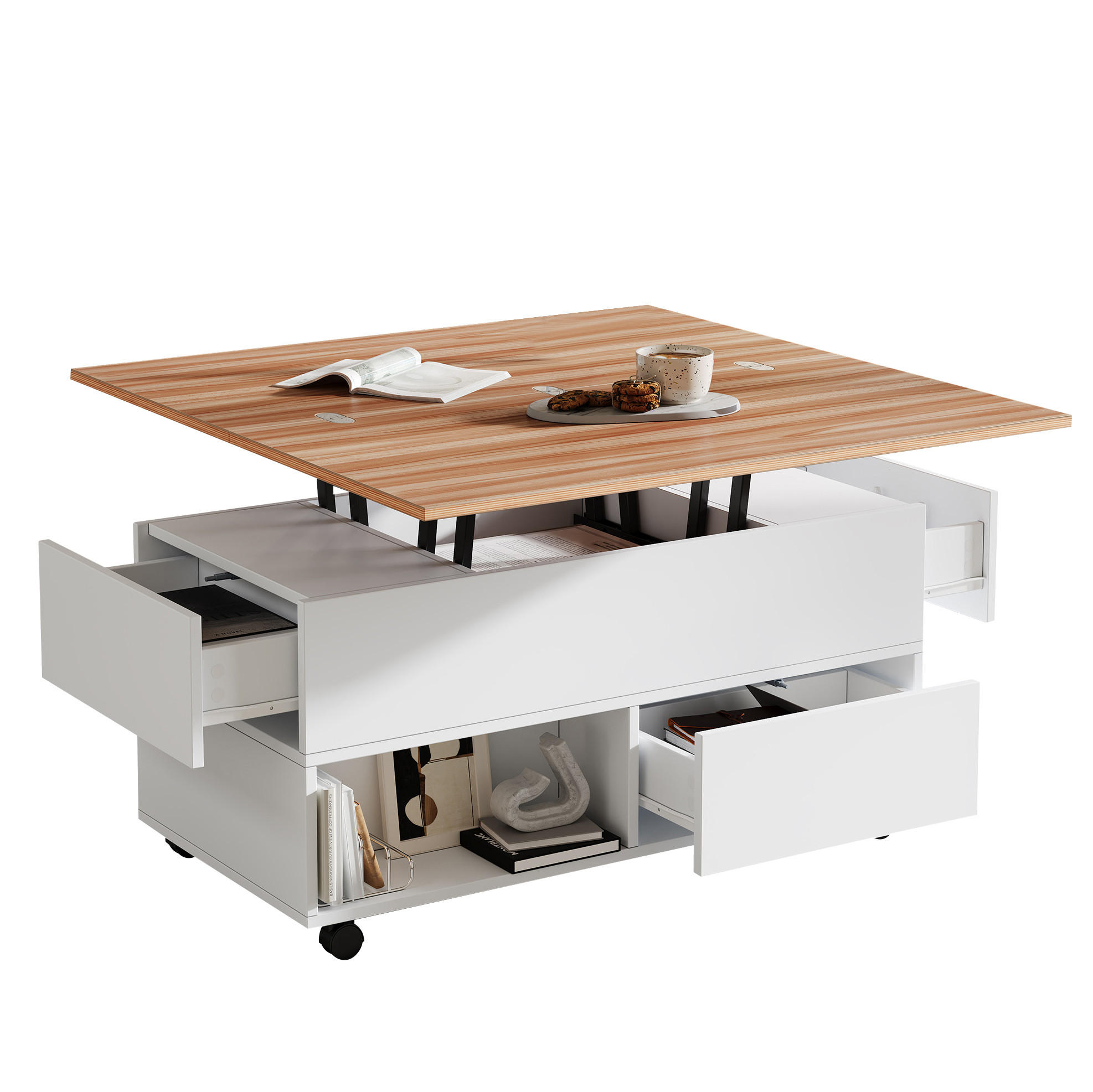 COUCHTISCH 100/50/52 cm weiß mit 4 Rollen und 4 Schubladen höhenverstellbar - Weiß, Holzwerkstoff (100/50/52cm) - OKWISH