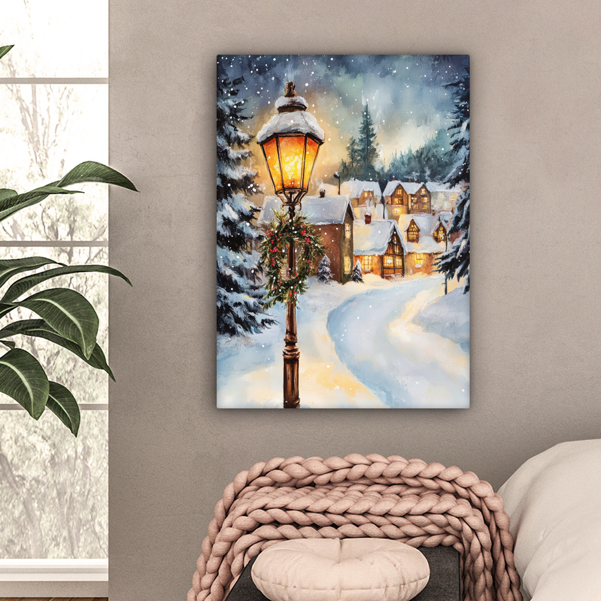 LEINWANDBILD Weihnachtsdorf - Häuser - Schnee - Weihnachten 60x80 cm - Sandfarben, Textil (60/80cm) - MuchoWow