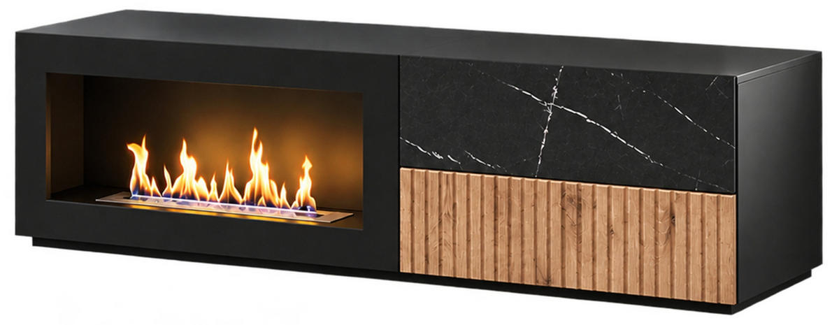 TV-LOWBOARD schwarz, Vicking Eiche, Marmor schwarz 160 x 42 cm, TV Unterteil mit Ethanol Kamin - Eichefarben/Schwarz, Holzwerkstoff/Kunststoff (160/42/45cm) - Inn.Furn