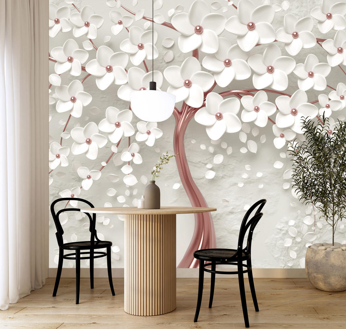 FOTOTAPETE für Schlafzimmer Perlmutt Blumen Abstract Baum 250x175 - Beige/Rosa, Papier (250/175cm) - Muralo