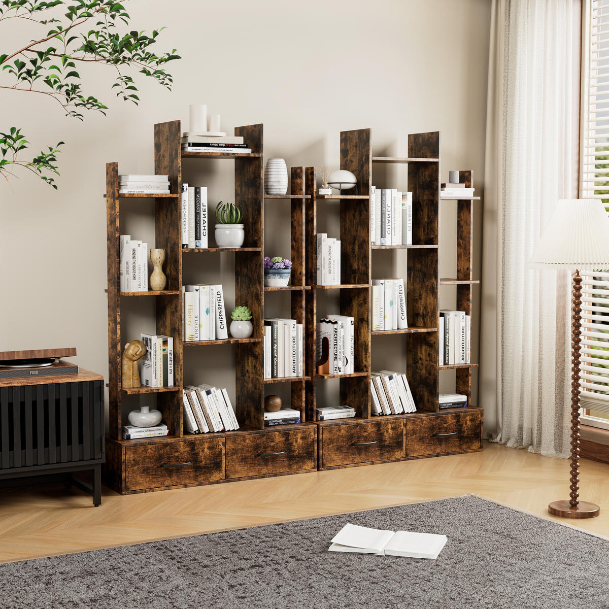 BÜCHERREGAL Dunkelbraun 12 Fächer 2 Schubladen 86/25/140 cm - Braun, Metall (86/140/24cm) - PANGIVO