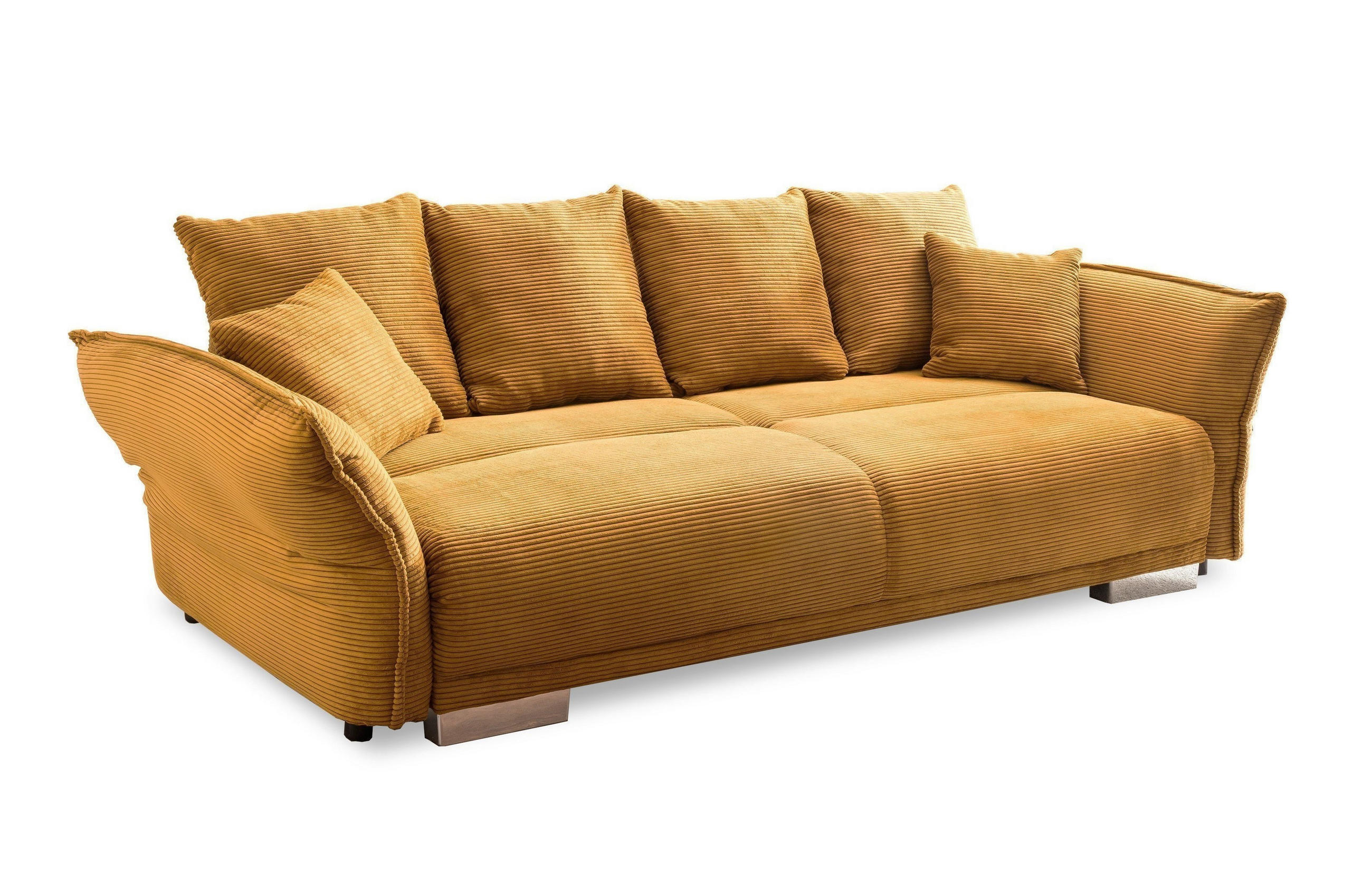 BIG-SOFA mit Schlaffunktion 242/131/90 cm Federkern, verstellbare Armlehnen, Bettkasten, Liegefläche 168x199 cm, Cord Gold Ockergelb / 17213 - Chromfarben/Goldfarben, Kunststoff/Textil (242/90/131cm) - luma-home