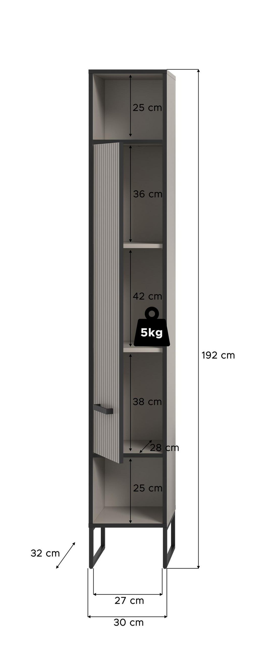 HOCHSCHRANK Bagno Bad in Kaschmir Nachbildung und schwarz - modernes Design - B/H/T: 30x192x32 cm - Kaschmir, Holzwerkstoff (30/192/32cm)