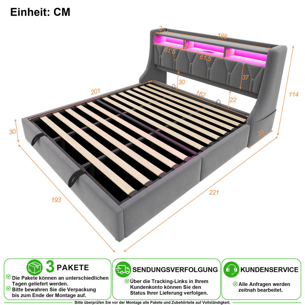POLSTERBETT 180/200 cm in Grau Samt mit Bettkasten, LED, USB und Type-C - Grau, Holzwerkstoff/Textil (180/200cm) - CHICFURN