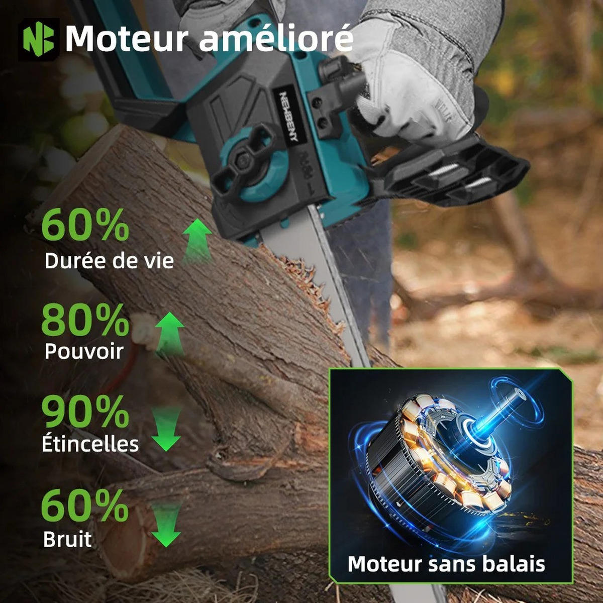 KETTENSÄGE 12-Zoll-bürstenlose elektrische mit LED-Anzeige Mit 2 Batterien - Blau, Metall (16.5/7/63cm) - Coonoor