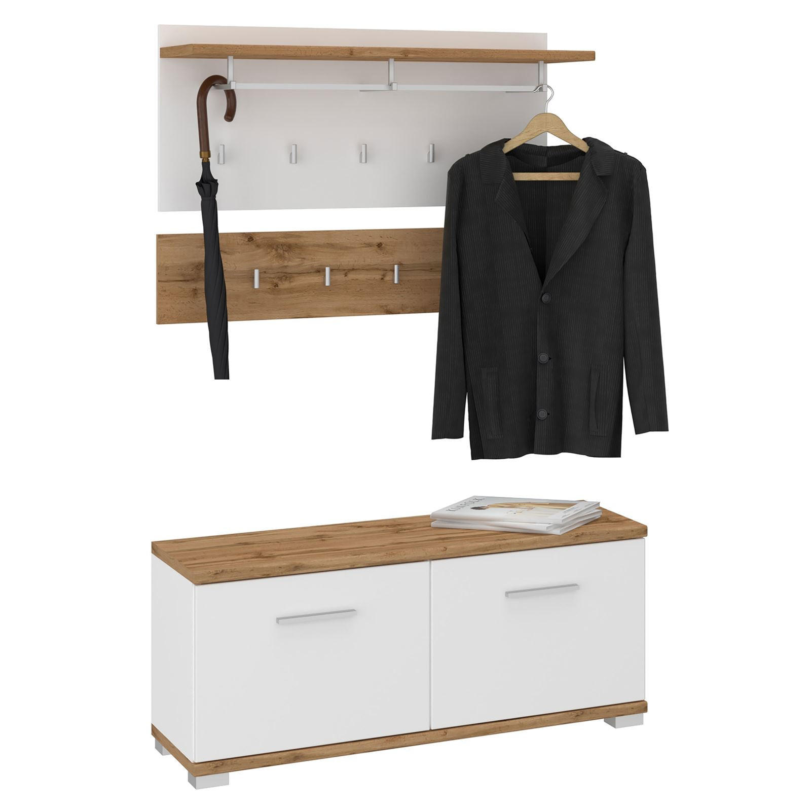 GARDEROBENSET BILBAO - Eiche Wotan/Weiß, Holzwerkstoff (90/60/34cm) - CARO-Möbel