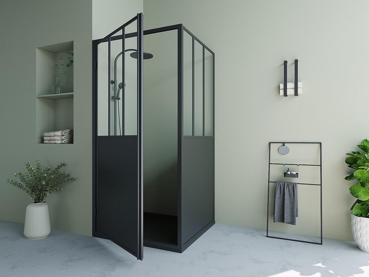 DUSCHTRENNWAND mit Schwingtür - Industrial Style - 80 x 195 cm - Schwarz matt - URBANIK - Schwarz, Metall (80/195cm) - Vente-Unique