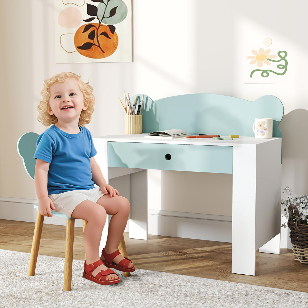 SCHREIBTISCH-SET DE-17553 mit Schublade und Bärenmotiv Grün - Grün, Holzwerkstoff (80/74.5/41cm) - ComfortXL