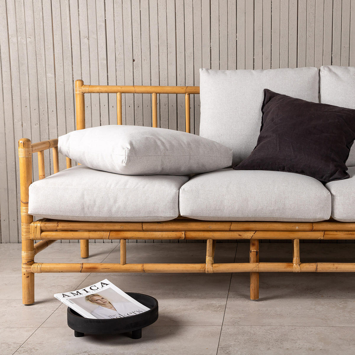 LOUNGESOFA - Weiß - Rattan - 180 x 88 x 77 cm - Beige/Weiß, Naturmaterialen (180/88/77cm) - home24