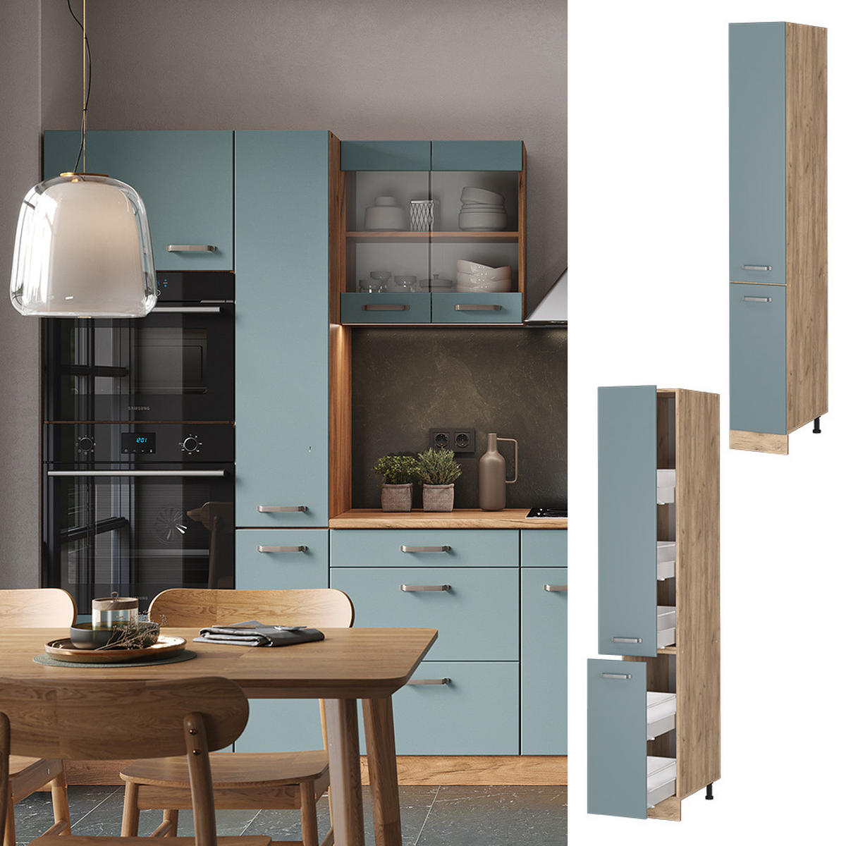 APOTHEKERSCHRANK R-Line Blau-Grau 30 cm - Honigeiche/Eiche Wotan, Holzwerkstoff (30/206.8/57.2cm) - Vicco