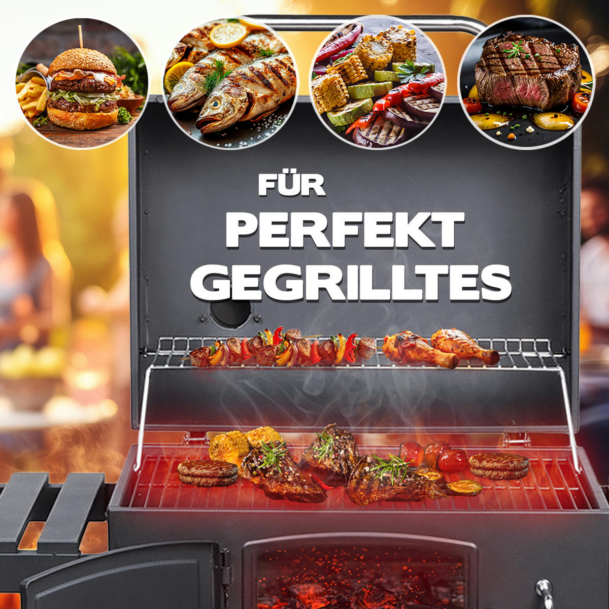 HOLZKOHLEGRILL und Smoker HERO XL - Schwarz, Metall (124/114/66cm) - TAINO