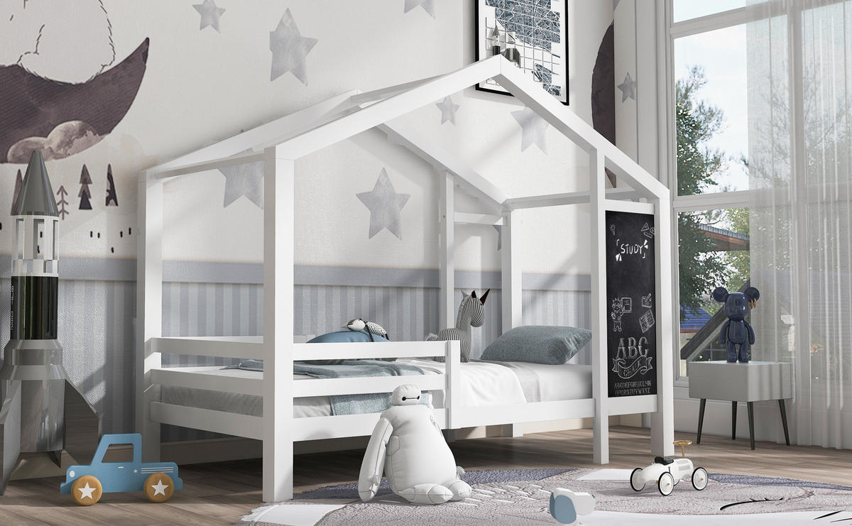 HAUSBETT Kinderbett 90/200 cm mit Tafel und 2 Schubladen aus Massivholz in Weiß - Weiß, Holz (90/200cm) - OKWISH