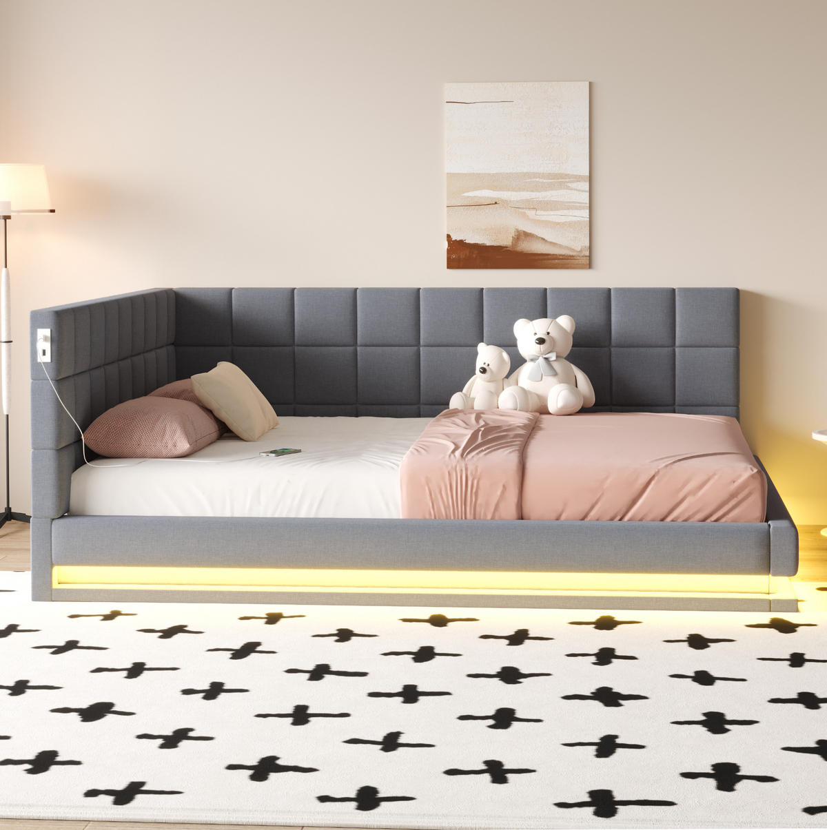 POLSTERBETT aus Leinen 160x200 cm Grau mit LED-Beleuchtung, USB-Anschluss und Lattenrost - Grau, Textil (160/200cm) - Modfu