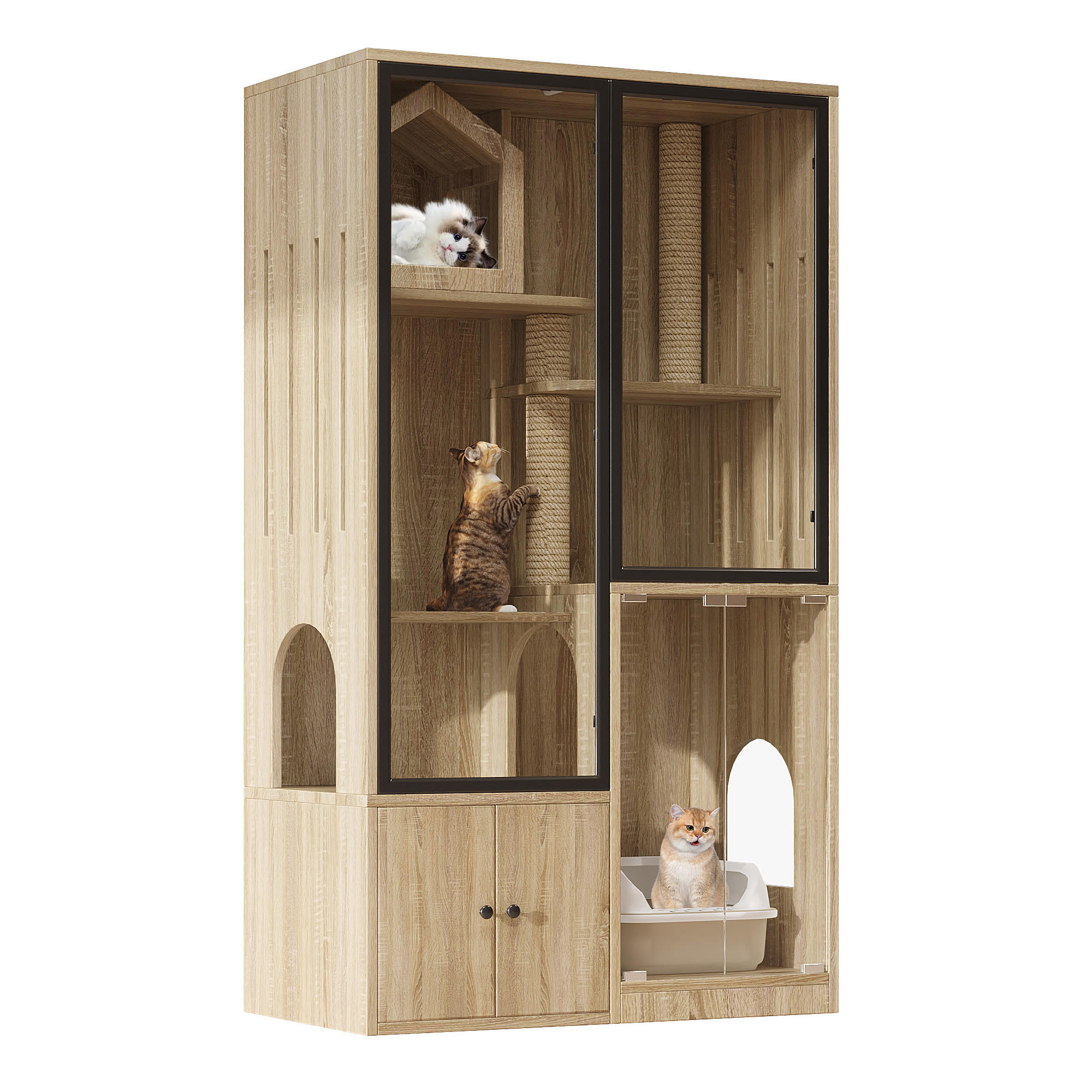 VITRINE Naturfarben aus MDF & Glas 90×50×160cm als Katzenvilla mit Panoramatür und Kratzpfosten - Naturfarben, Holzwerkstoff (50/160/90cm) - Luhomfu
