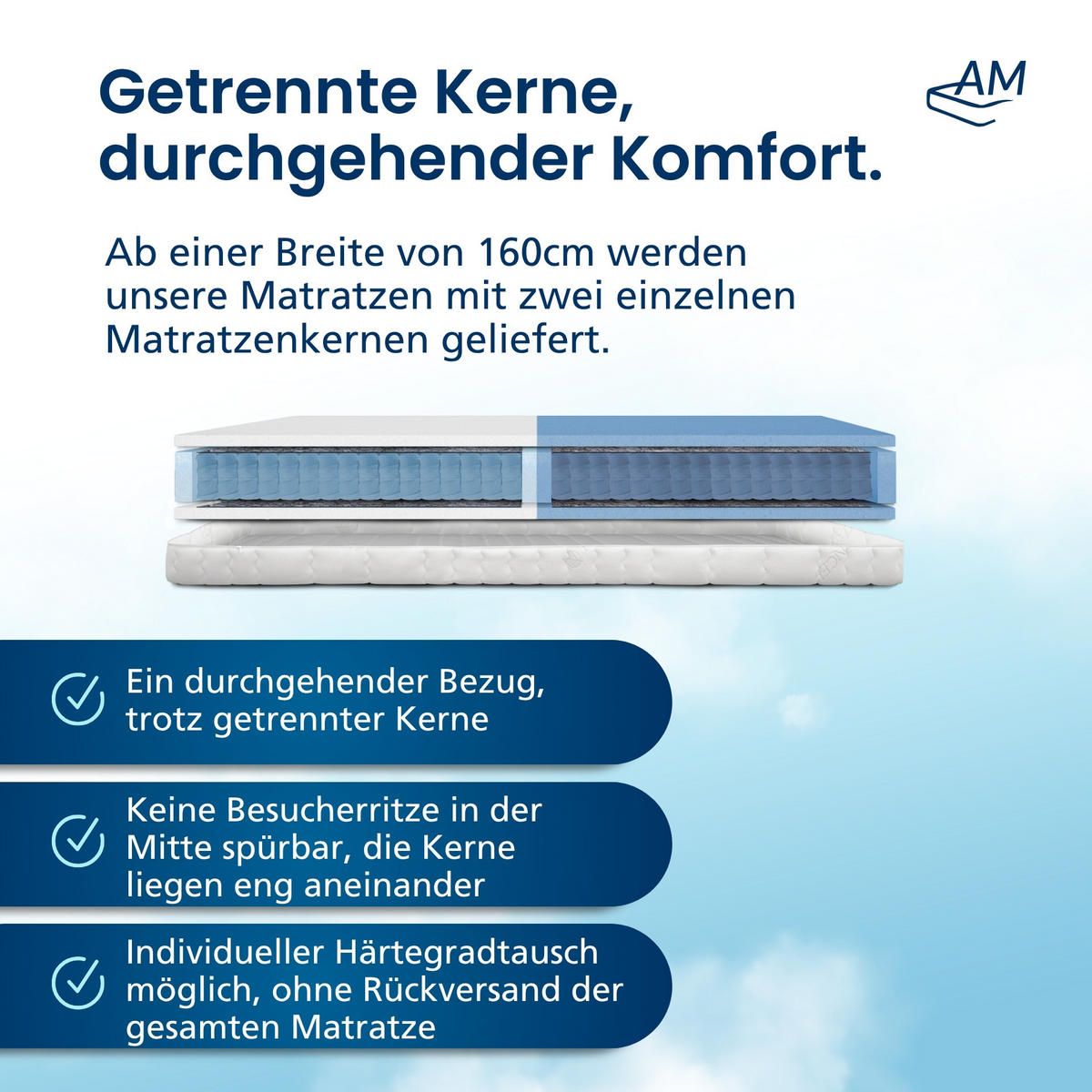 TASCHENFEDERKERNMATRATZE 1000 Federn 180/200 cm H3 - 24cm Höhe & Tencel Bezug - Weiß, Textil (180/200cm) - AM Qualitätsmatratzen