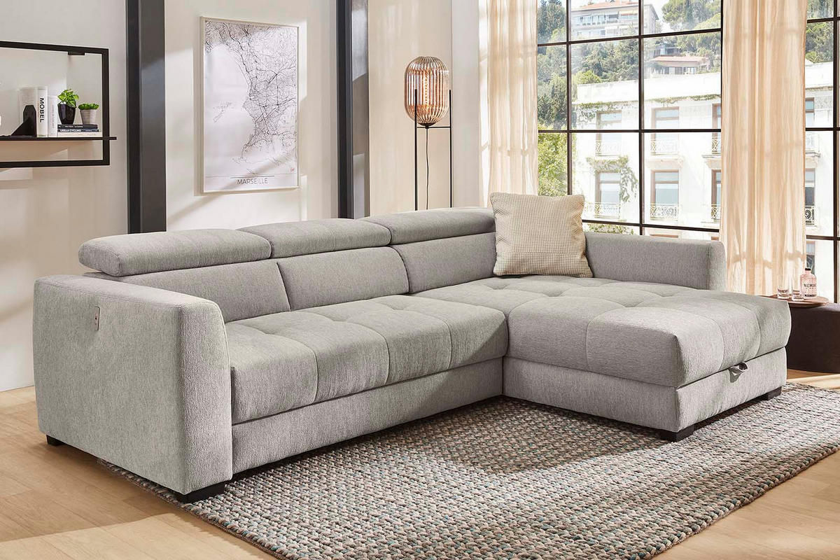 ECKSOFA mit elektrischer Sitztiefenverstellung, Kopflehnen verstellbar, USB-Ladefunktion, Bettkasten B300/T196/H103 cm, Chenille Grau / 15408 - Schwarz/Grau, Kunststoff/Textil (300/196cm) - luma-home