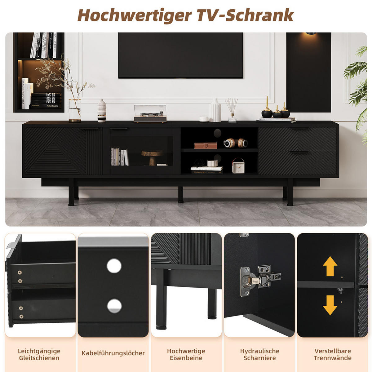 TV-SCHRANK 200x40cm Modern Schwarz 2 Türen 2 Schubladen Stauraum bis 80 Zoll - Schwarz, Holz (46.02/19.3/71.12cm) - FLIEKS