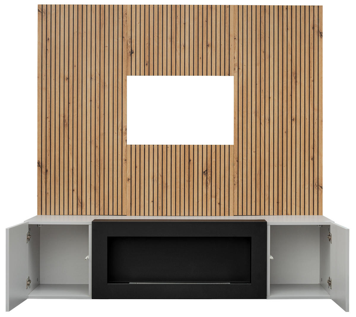 TV-LOWBOARD grau, Eiche Artisan 160, TV-Unterschrank mit Ethanpol Kamin und Akustikpaneel - Hellgrau/Schwarz, Glas/Holzwerkstoff (160/148/35cm) - Inn.Furn