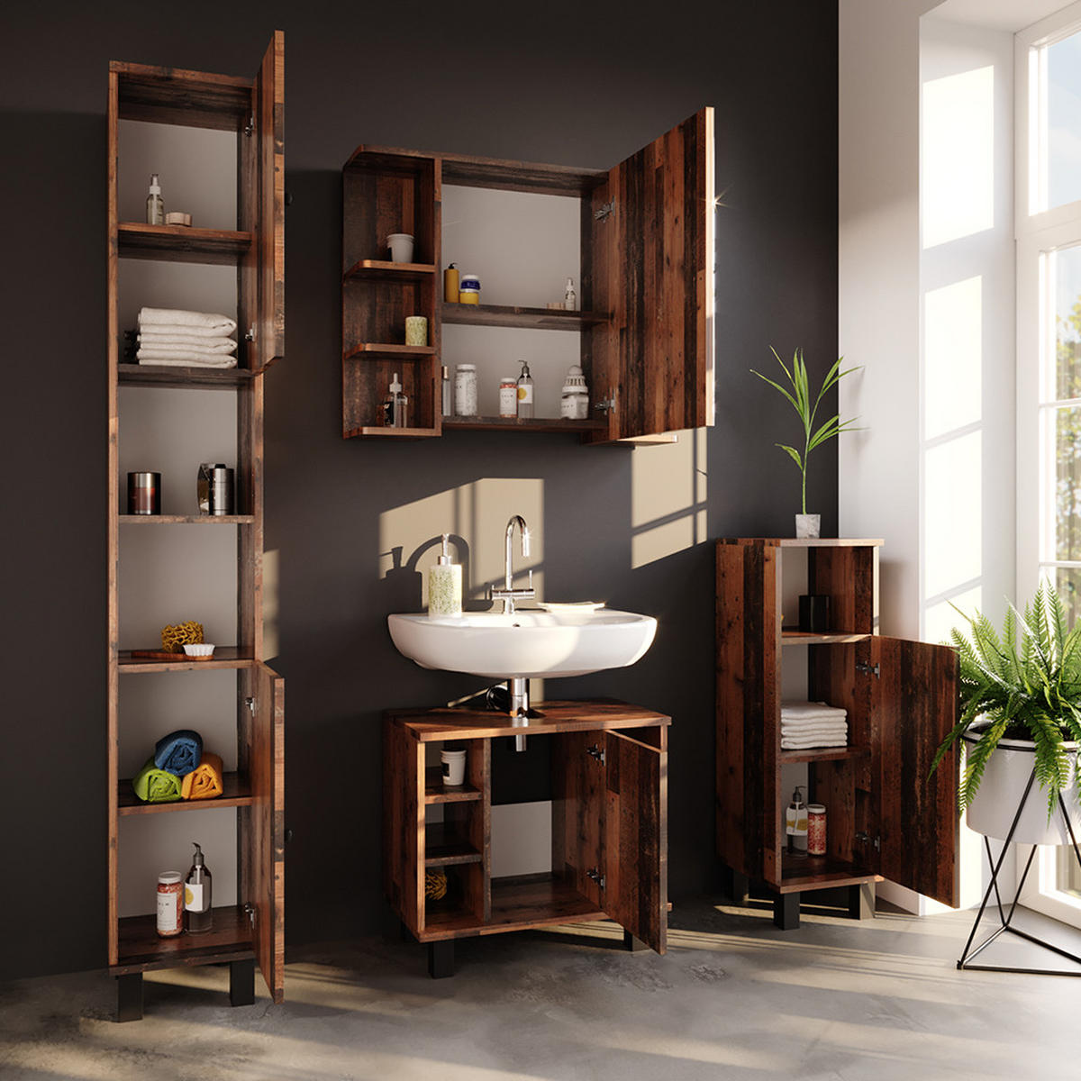 BADMÖBEL-SET Fynn Eiche rustikal 3 Teile, mit Hochschrank - Wildeiche, Holzwerkstoff (60/54/32cm) - Vicco