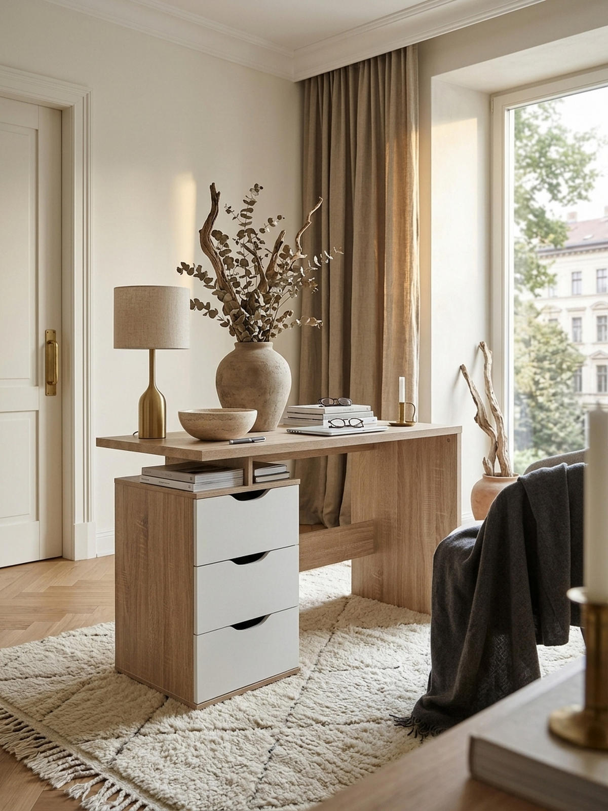 SCHREIBTISCH – Sonoma Weiß, 120x76x53 cm, 3 Schubladen, stilvoll - Beige, Holz (53/120/76cm) - KADIMA DESIGN