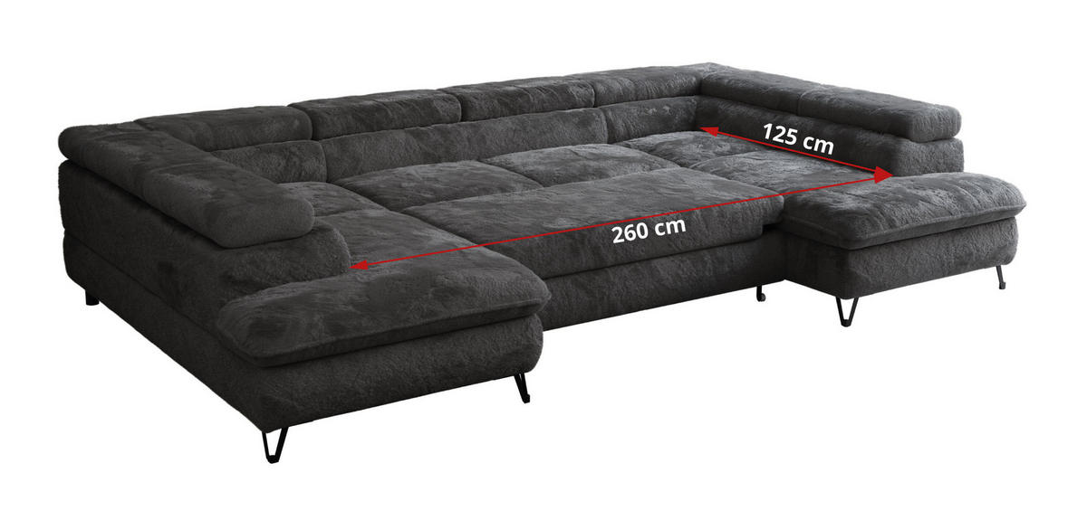 WOHNLANDSCHAFT PEDRO U Plüsch Anthrazit - Anthrazit/Schwarz, Textil/Metall (346/76/208cm) - MKS